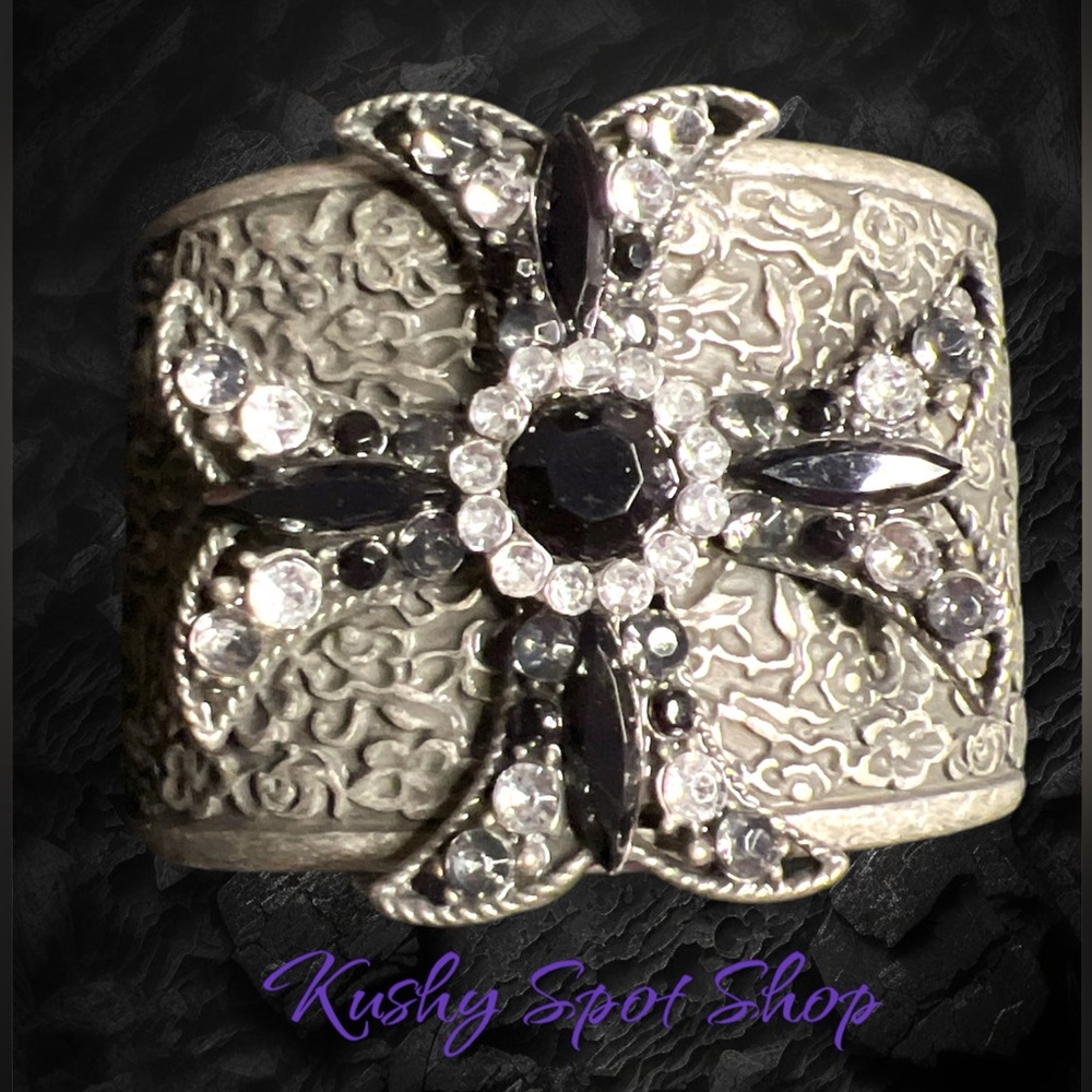 Vintage Maltese Cross ✝️🩶✨ Cuff Style Bangle Bracelet Intricate Floral Swirls➰